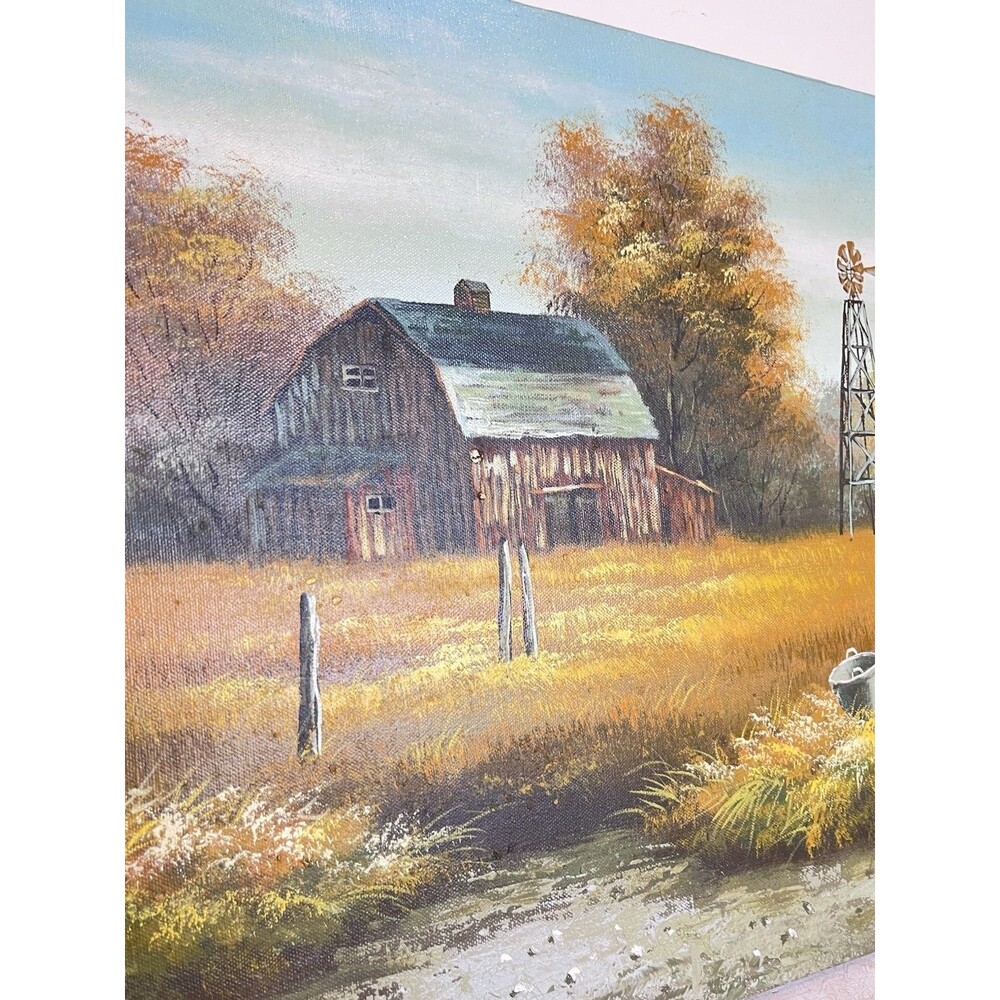 Vintage 1980’s Original Oil Painting Country Barn Windmill Landscape 20” x 16”